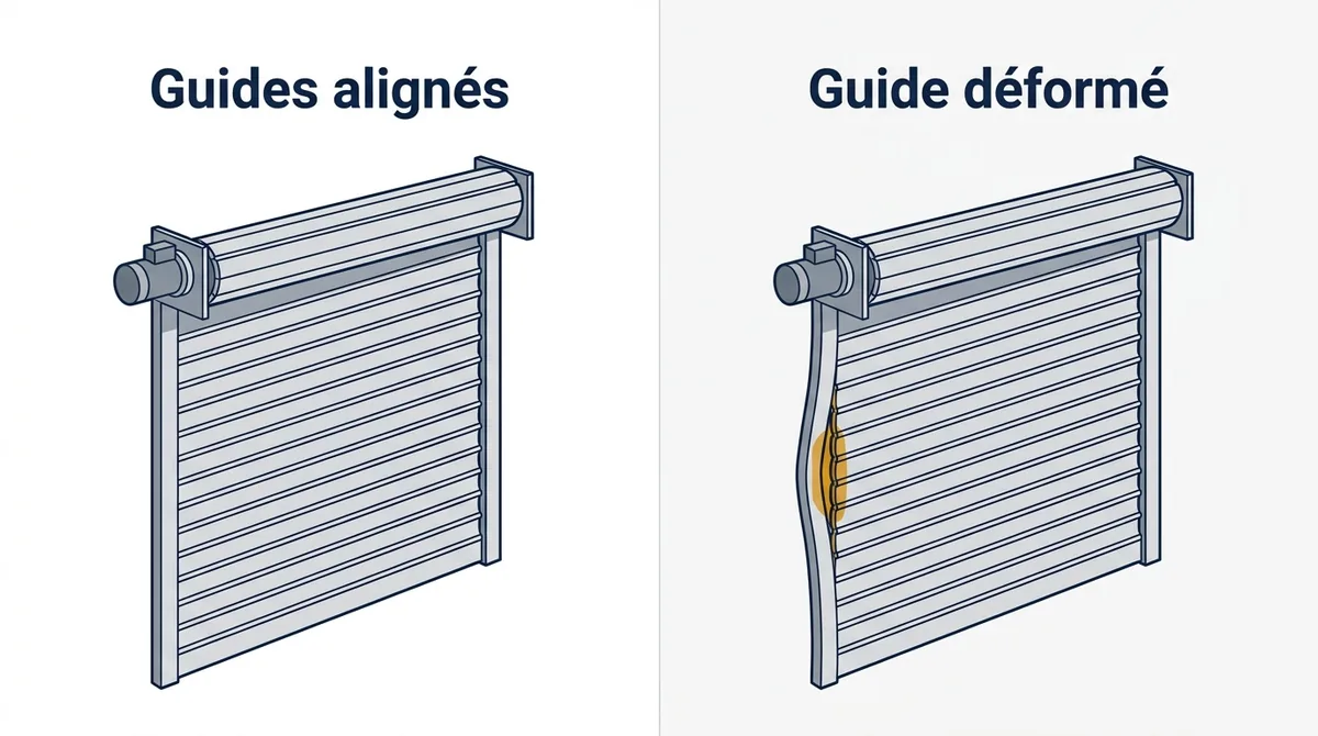 Rideau métallique à Antony : comparaison entre guides alignés et guide déformé avec frottement