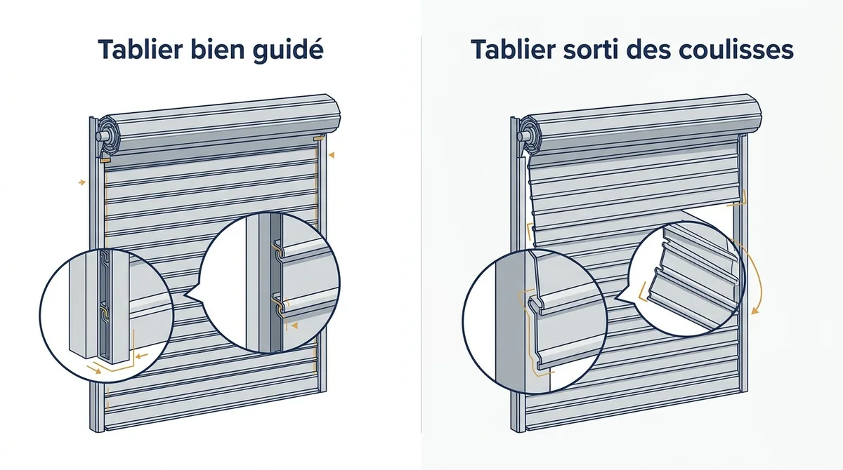 Rideau métallique à Arnouville : comparaison entre un tablier bien guidé et un tablier sorti des coulisses