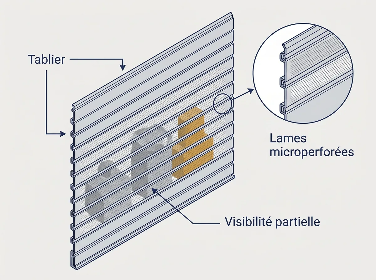 Rideau métallique à Brie-Comte-Robert : tablier microperforé et visibilité partielle sur la vitrine