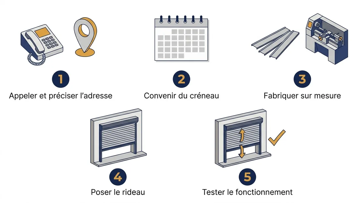 Rideau métallique à Chelles : cinq étapes pour une installation neuve, de l’appel aux essais