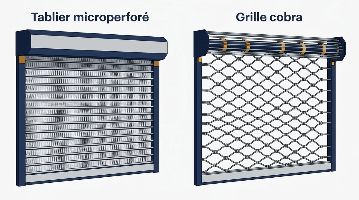Rideau métallique à Chelles : comparaison entre tablier microperforé et grille cobra