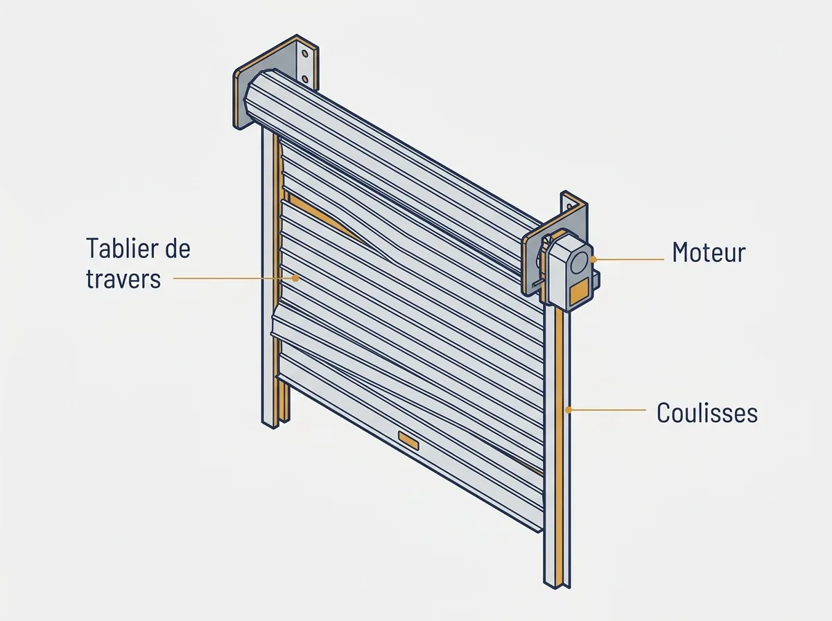Rideau métallique à Chelles : schéma du tablier de travers, des coulisses et du moteur