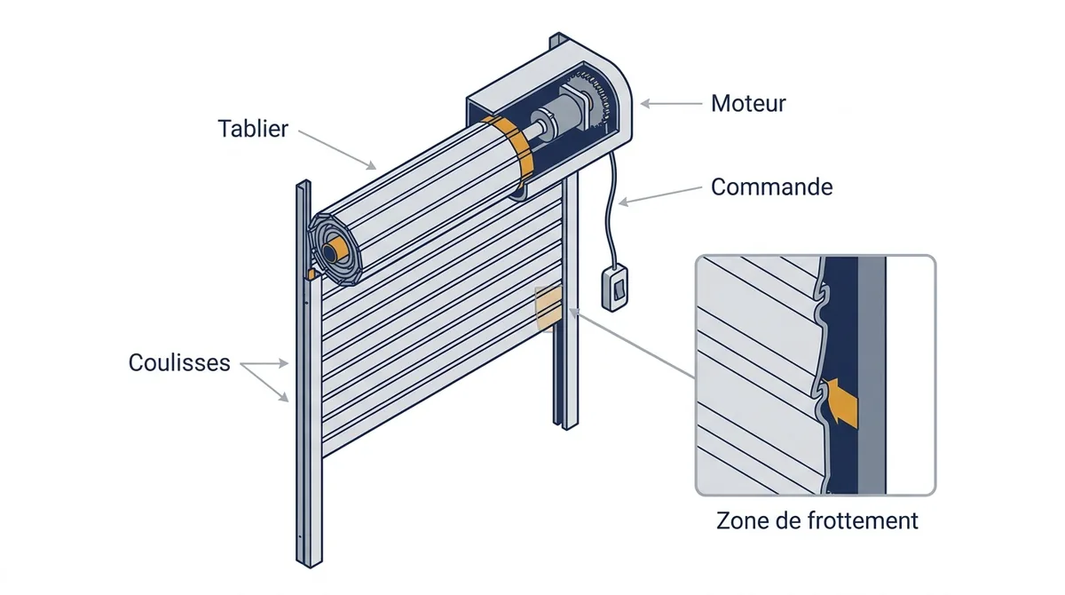 Rideau métallique à Combs-la-Ville : repérage du tablier, des coulisses, du moteur et de la commande