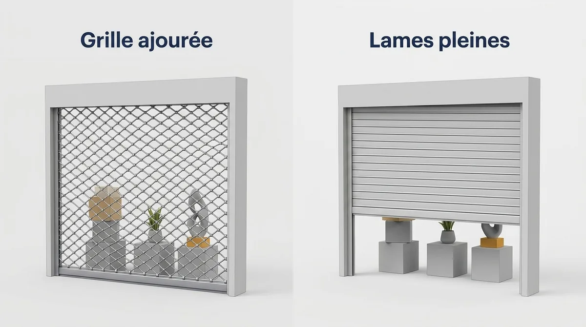Rideau métallique à Coupvray : grille ajourée et lames pleines comparées pour la visibilité