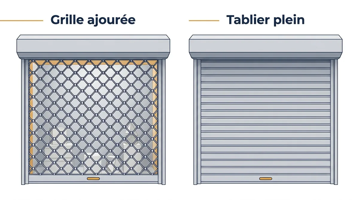 Rideau métallique à Émerainville : grille ajourée laissant voir l’intérieur ou tablier plein le masquant
