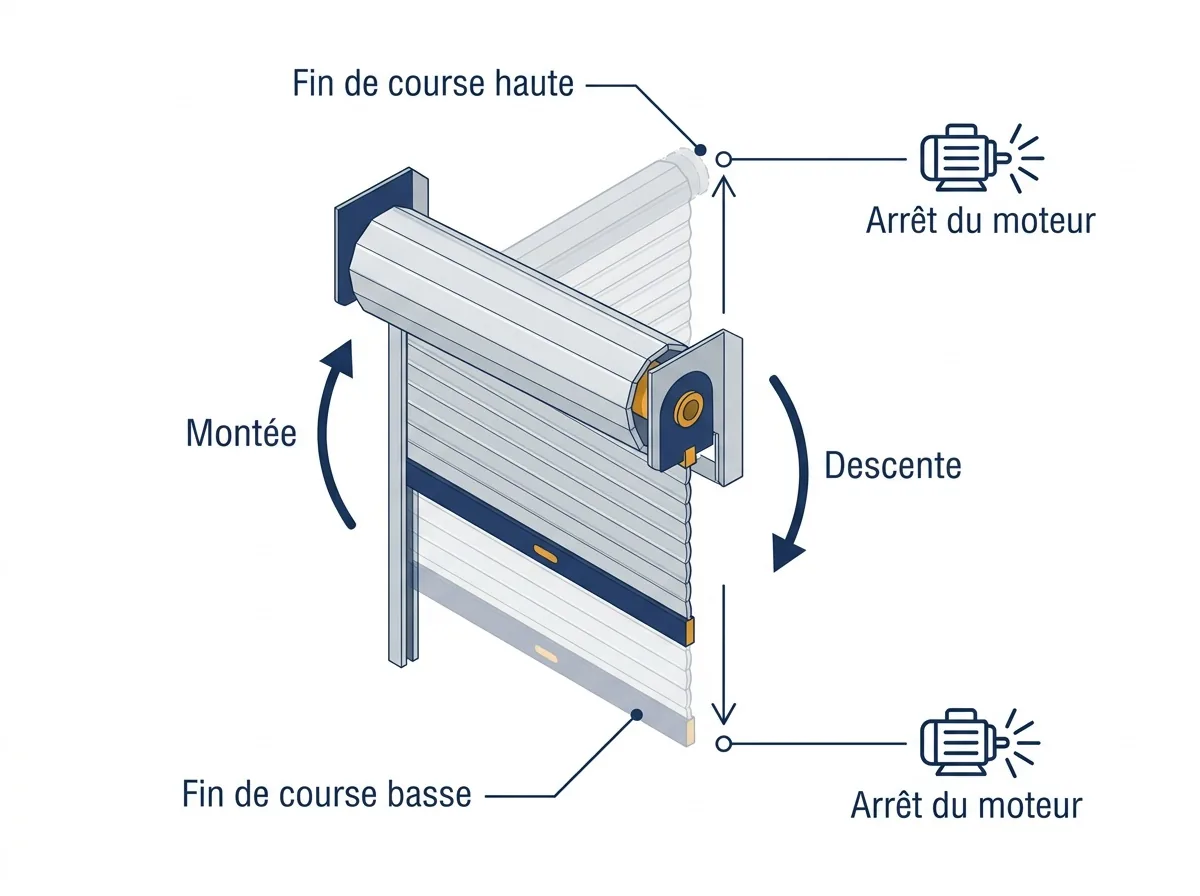 Rideau métallique à Fontainebleau : fonctionnement des fins de course haute et basse.
