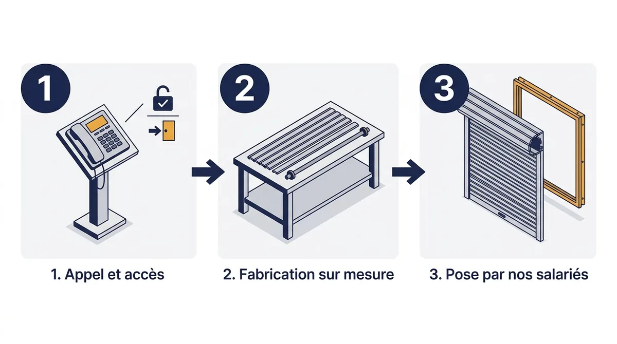 Rideau métallique à Fontainebleau : trois étapes, de l’appel à la fabrication et à la pose.