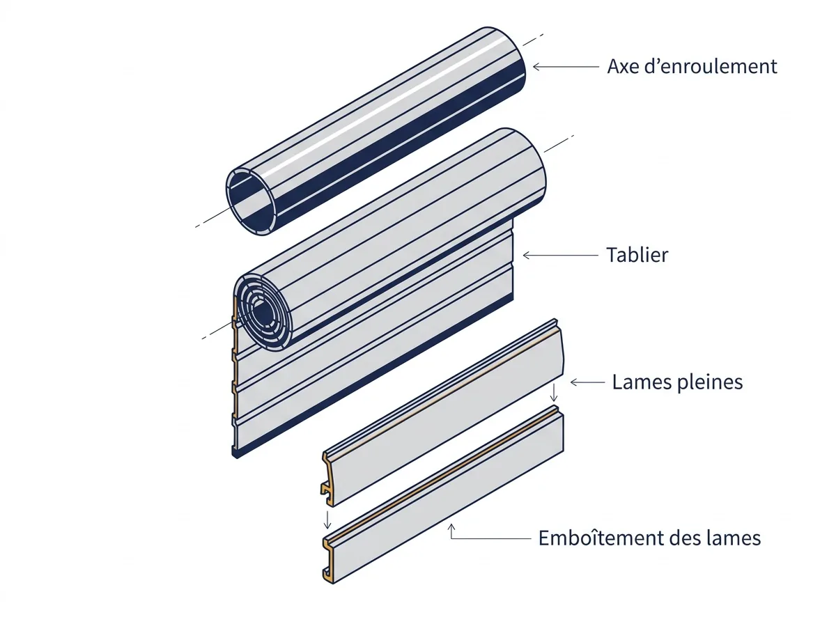 Rideau métallique à Juziers : vue éclatée de l’axe, du tablier et des lames pleines emboîtées