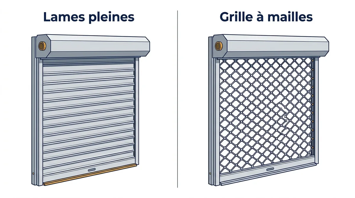 Rideau métallique à La Ferté-sous-Jouarre : lames pleines et grille à mailles comparées