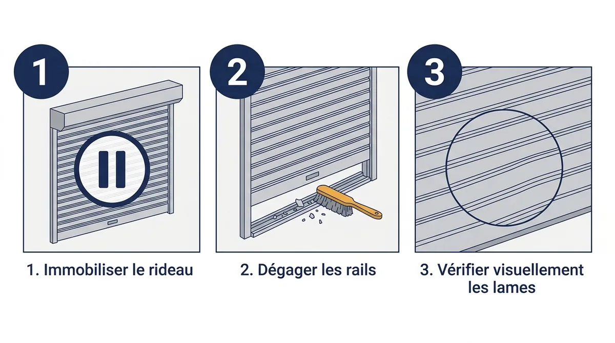 Rideau métallique à La Verrière : immobilisation, dégagement des rails et contrôle visuel des lames