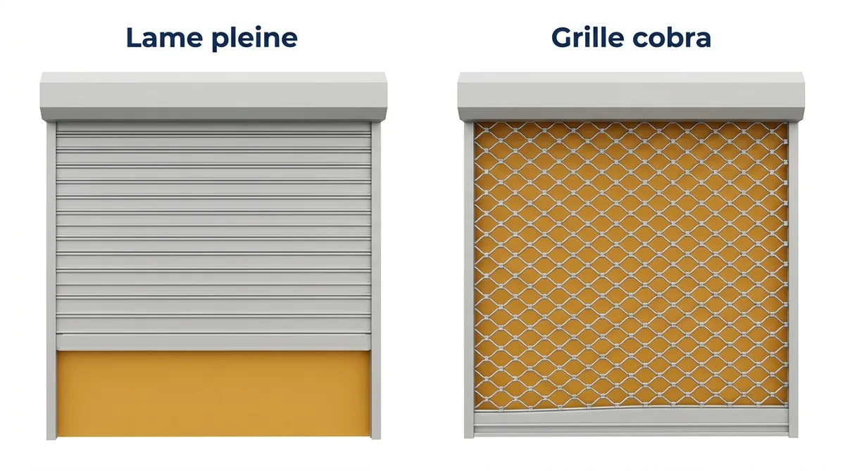 Rideau métallique à Lésigny : comparaison entre lame pleine opaque et grille cobra ajourée