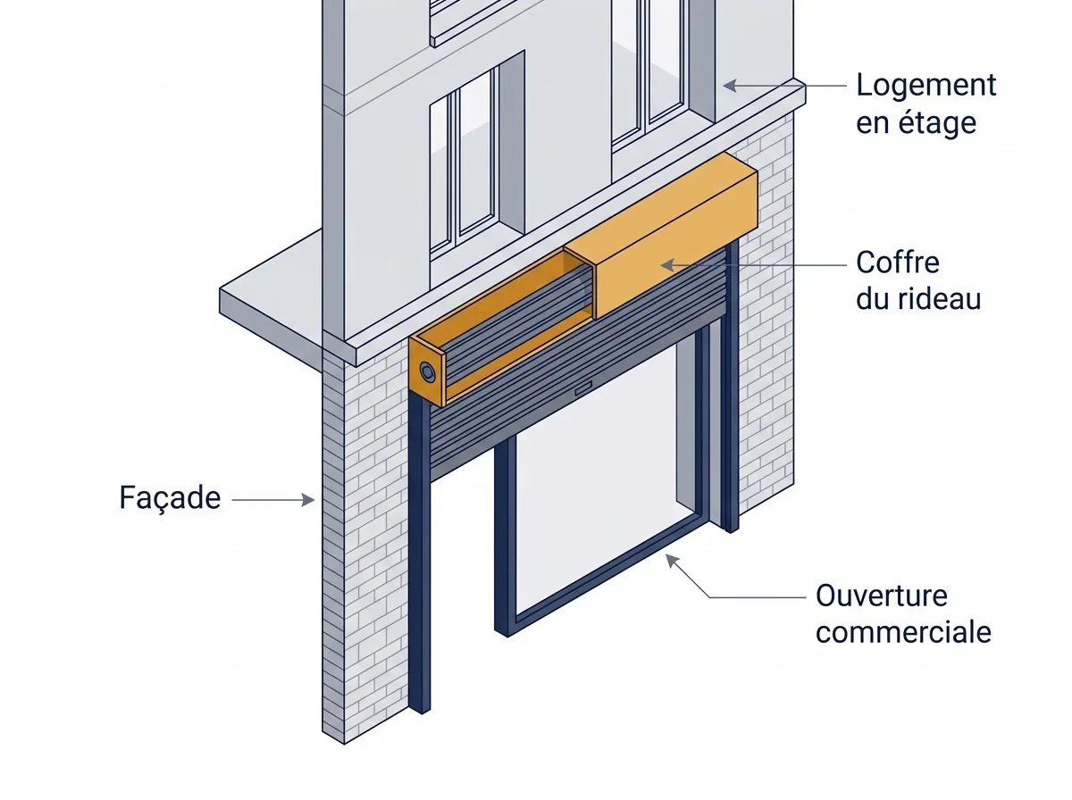 Rideau métallique à Lieusaint : implantation dans une façade de commerce en pied d’immeuble