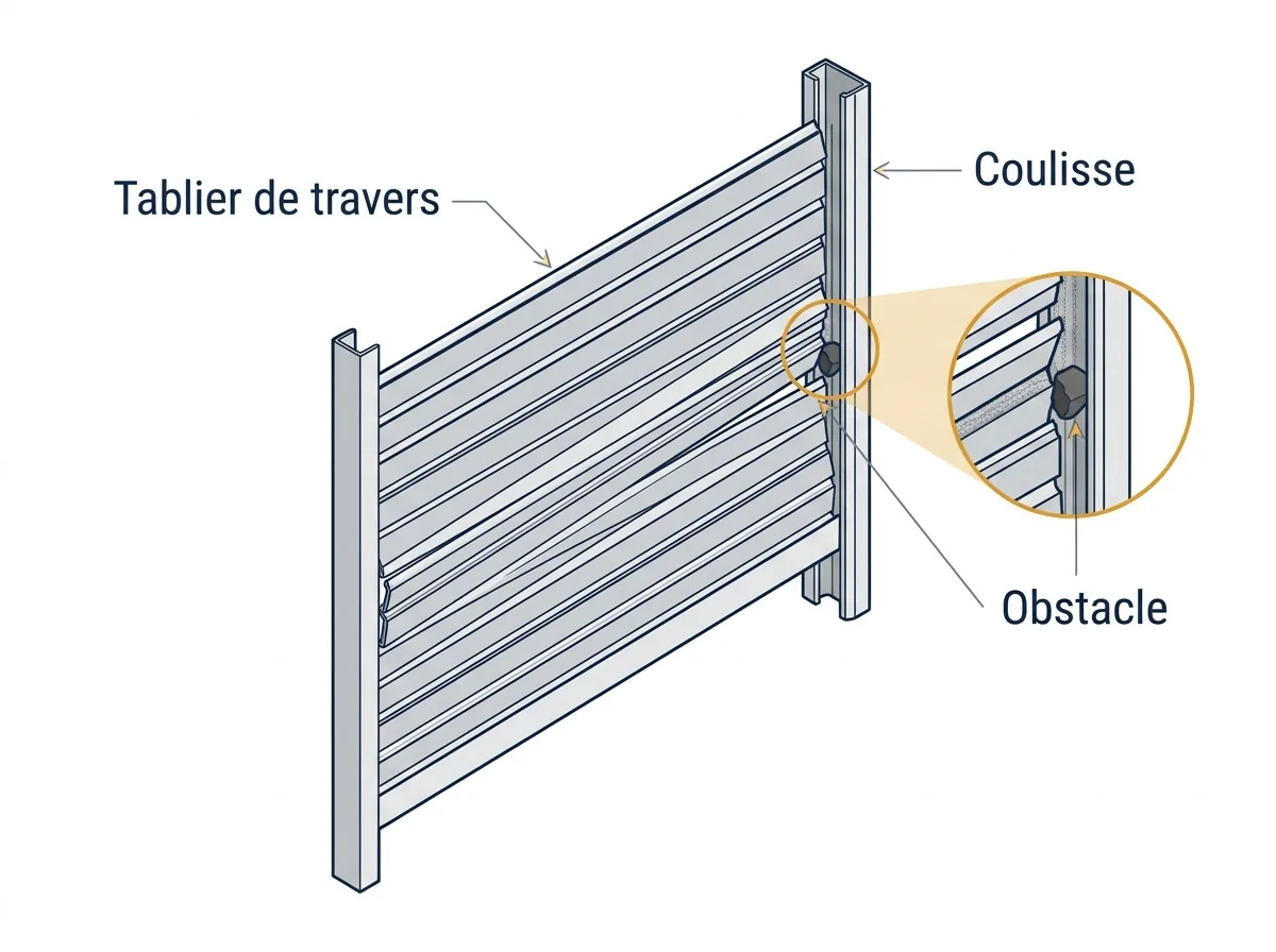 Rideau métallique à Lognes : schéma d’un tablier de travers et d’un obstacle dans une coulisse
