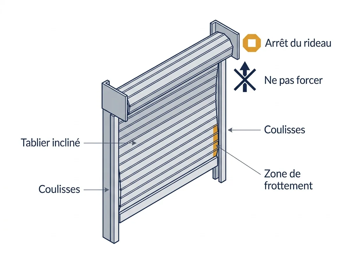 Rideau métallique à Nangis : tablier incliné, coulisses et zone de frottement à contrôler sans forcer