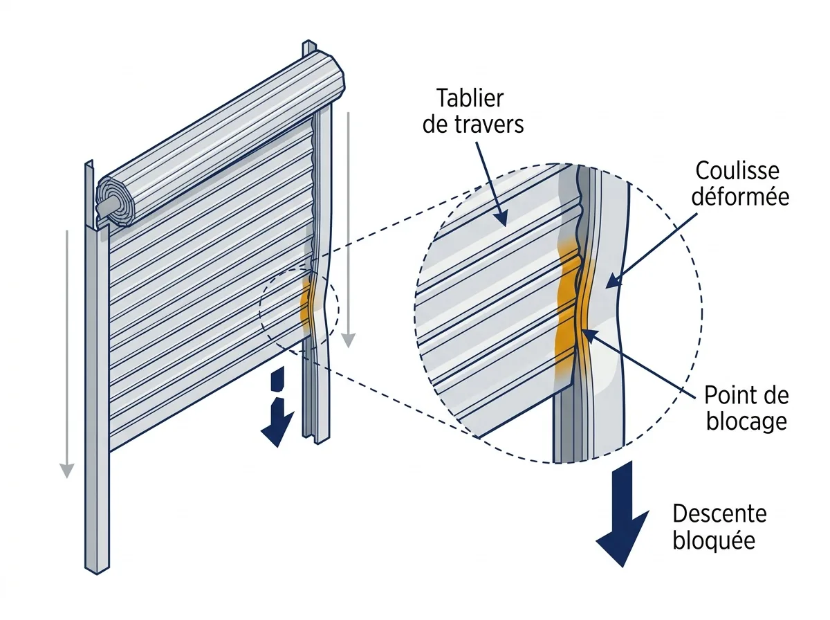Rideau métallique à Othis : fonctionnement bloqué par une coulisse déformée et tablier de travers