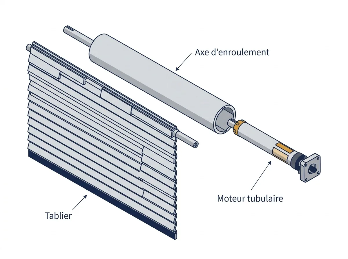 Rideau métallique à Parmain : vue éclatée du tablier, de l’axe et du moteur tubulaire