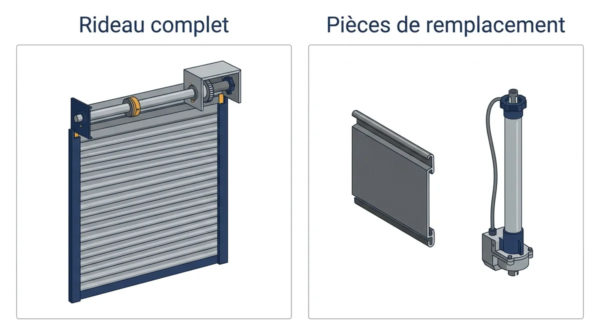 Rideau métallique à Saint-Pathus : comparaison entre un ensemble complet et des pièces de remplacement