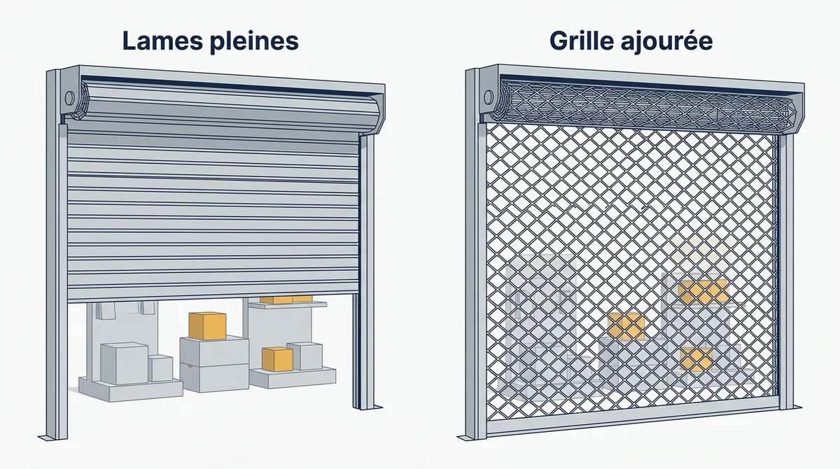 Rideau métallique à Sainte-Geneviève-des-Bois : lames pleines et grille pour comparer la visibilité