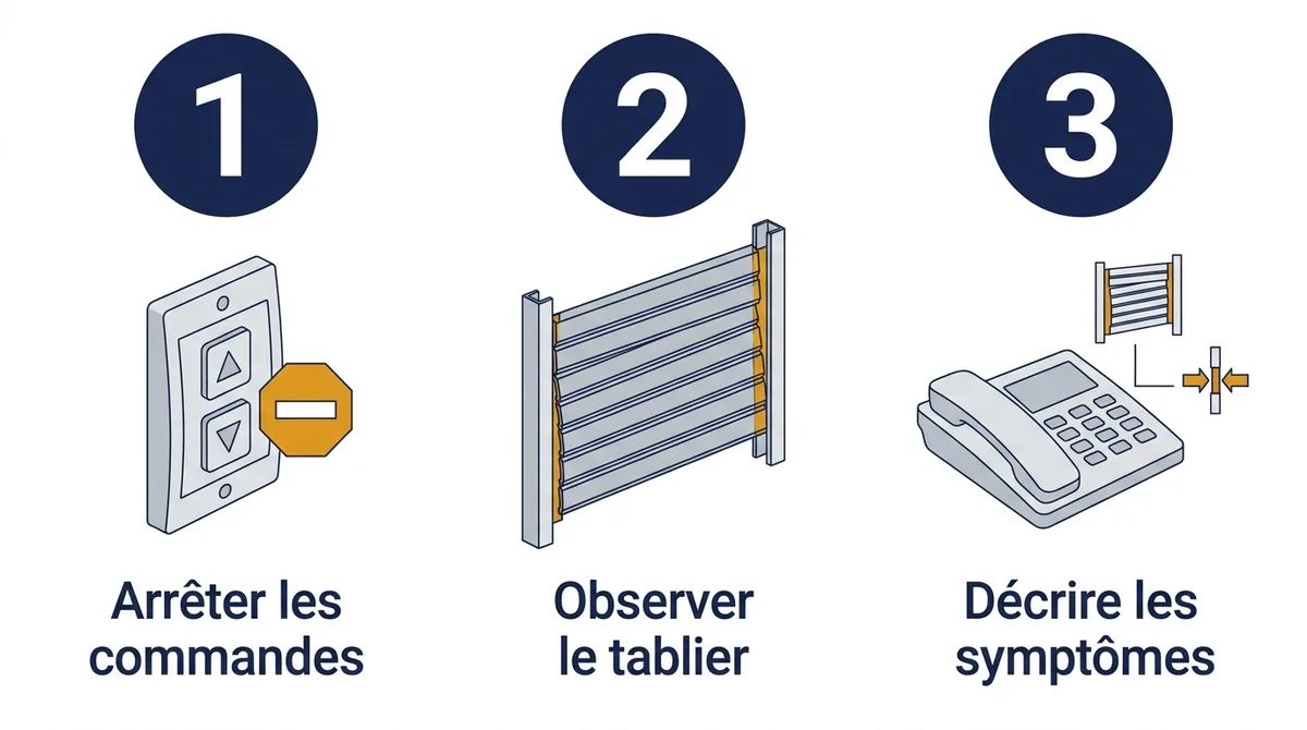 Rideau métallique à Trilport : arrêt des commandes, observation du tablier et signalement des symptômes