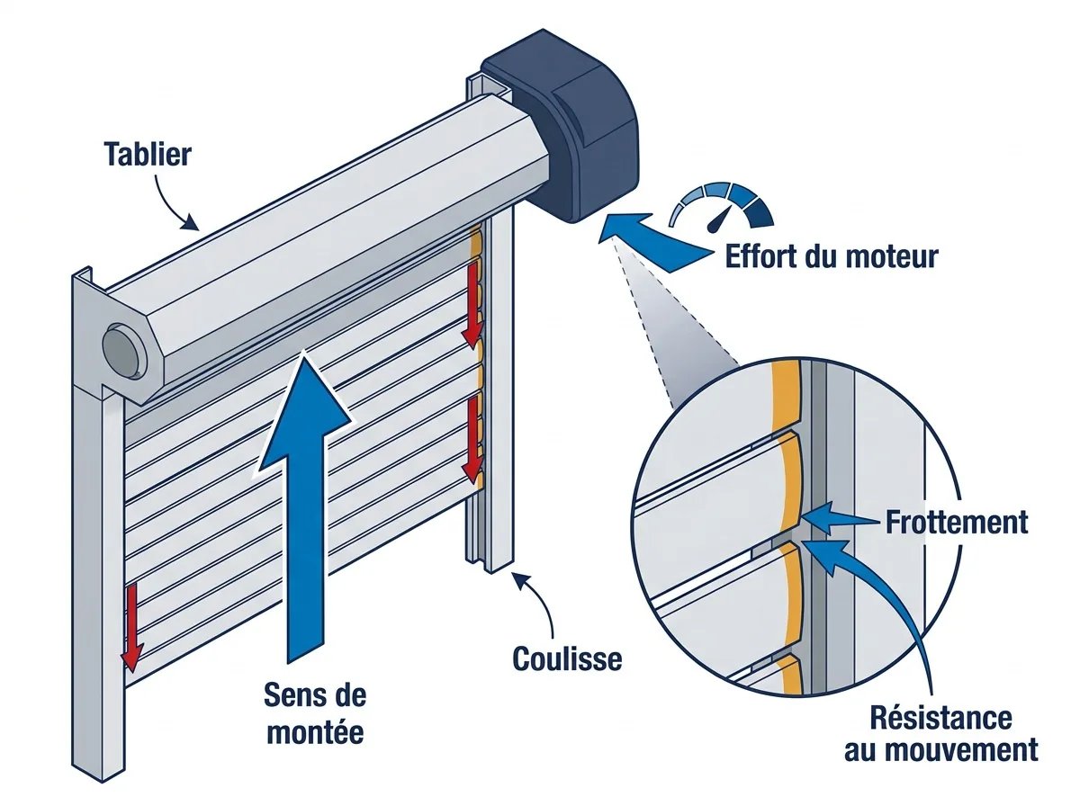 Rideau métallique à Trilport : effet d’un frottement sur le mouvement du tablier et le moteur