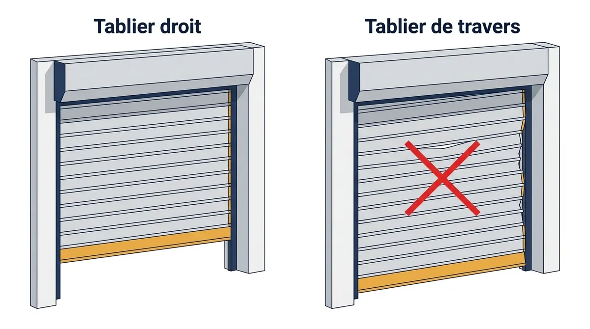 Rideau métallique bloqué : comparaison d’un tablier droit et d’un tablier de travers.