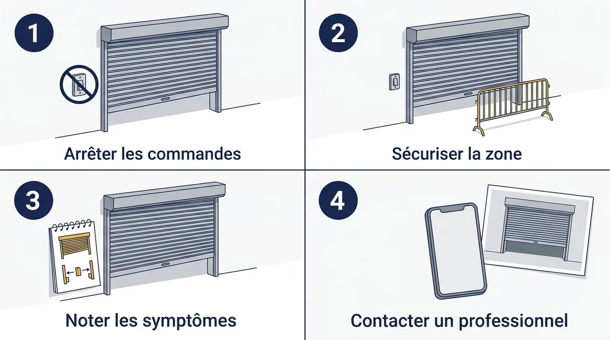 Rideau métallique en Seine-Saint-Denis bloqué : arrêt des commandes et préparation du dépannage.