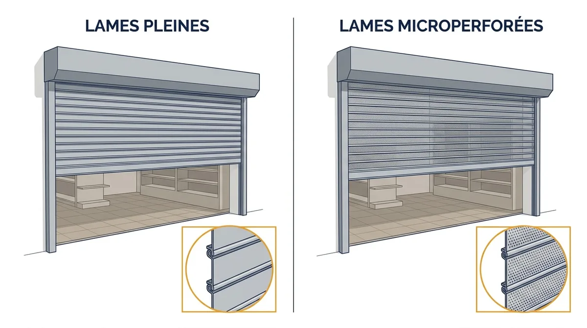 Rideau métallique en Seine-Saint-Denis : comparaison des lames pleines et microperforées.