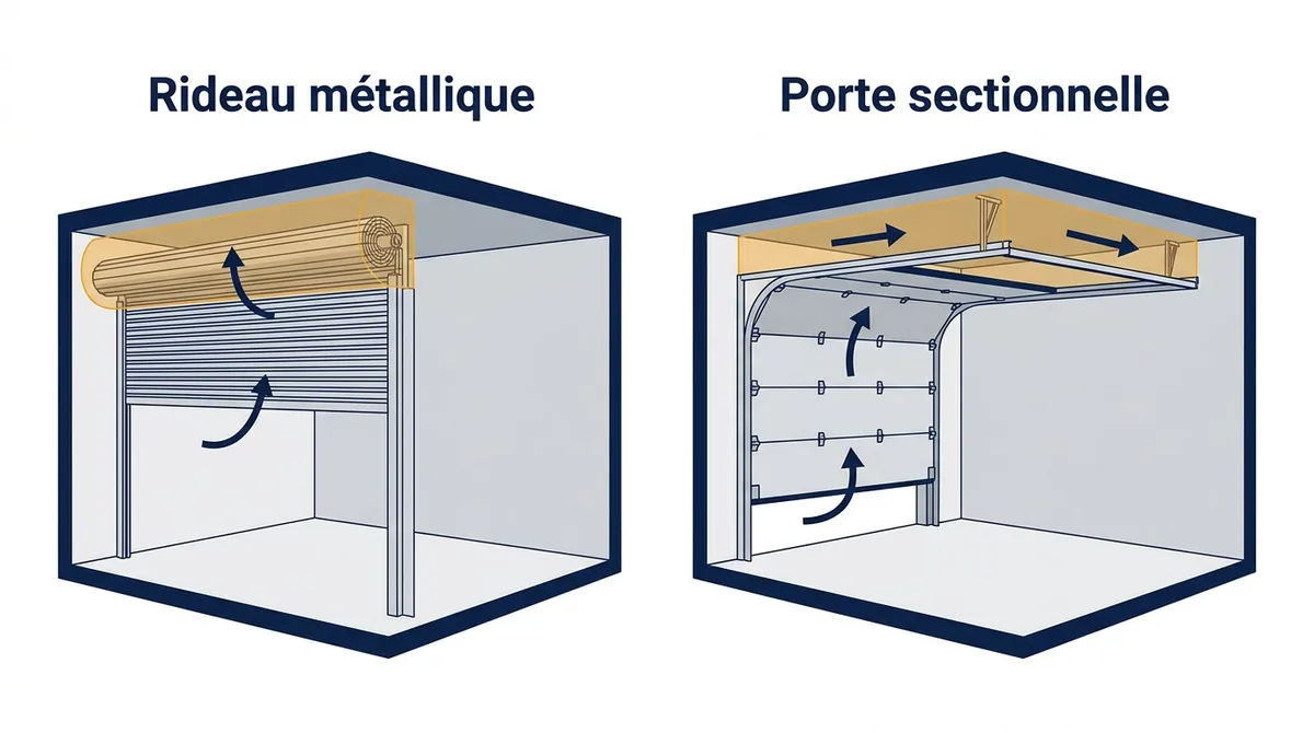 Rideau métallique ou porte sectionnelle : comparaison de l’enroulement et du refoulement sous plafond.