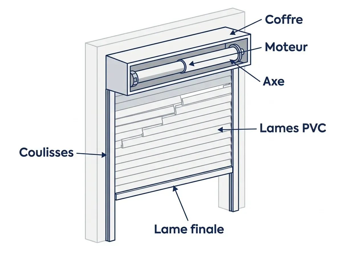 Schéma d'un volet PVC électrique : coffre, moteur, axe, tablier, coulisses et commande