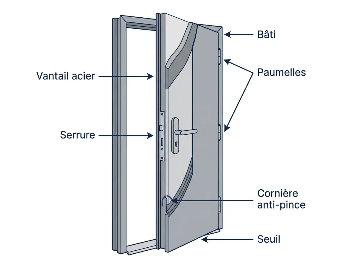 Schéma d'une porte sur mesure : vantail, bâti, paumelles, serrure, seuil et cornière anti-pince