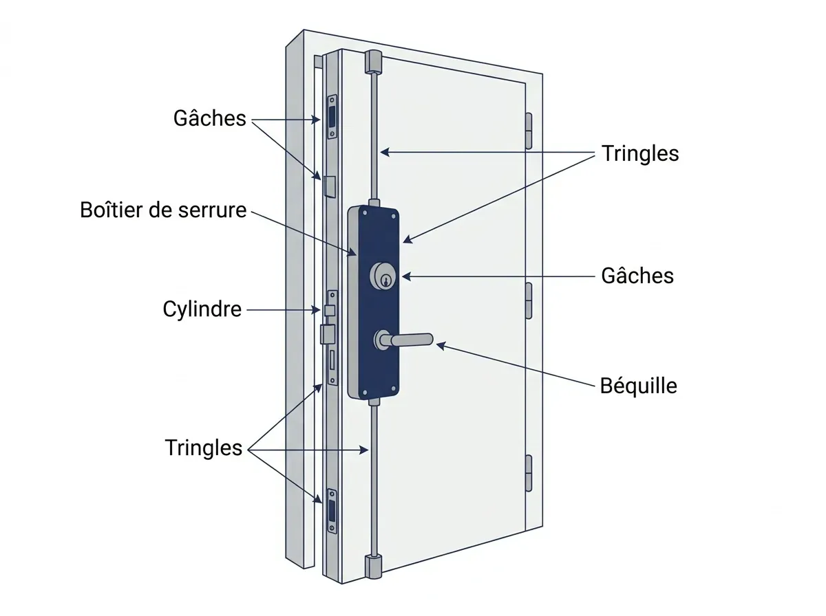 Schéma d'une serrure de porte blindée avec cylindre, coffre, tringles, pênes et gâches étiquetés
