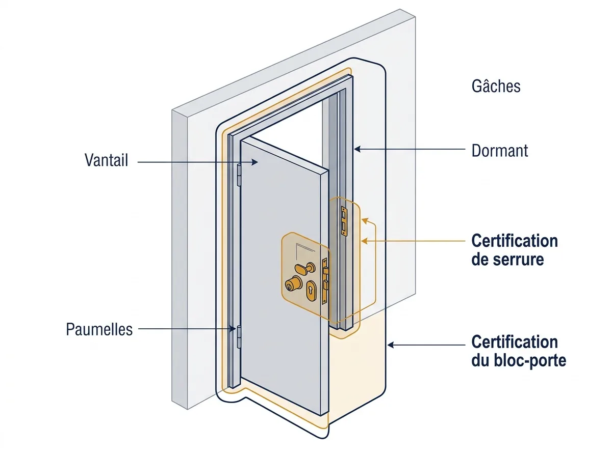 Schéma des périmètres de certification de la serrure et du bloc-porte d’une porte blindée.