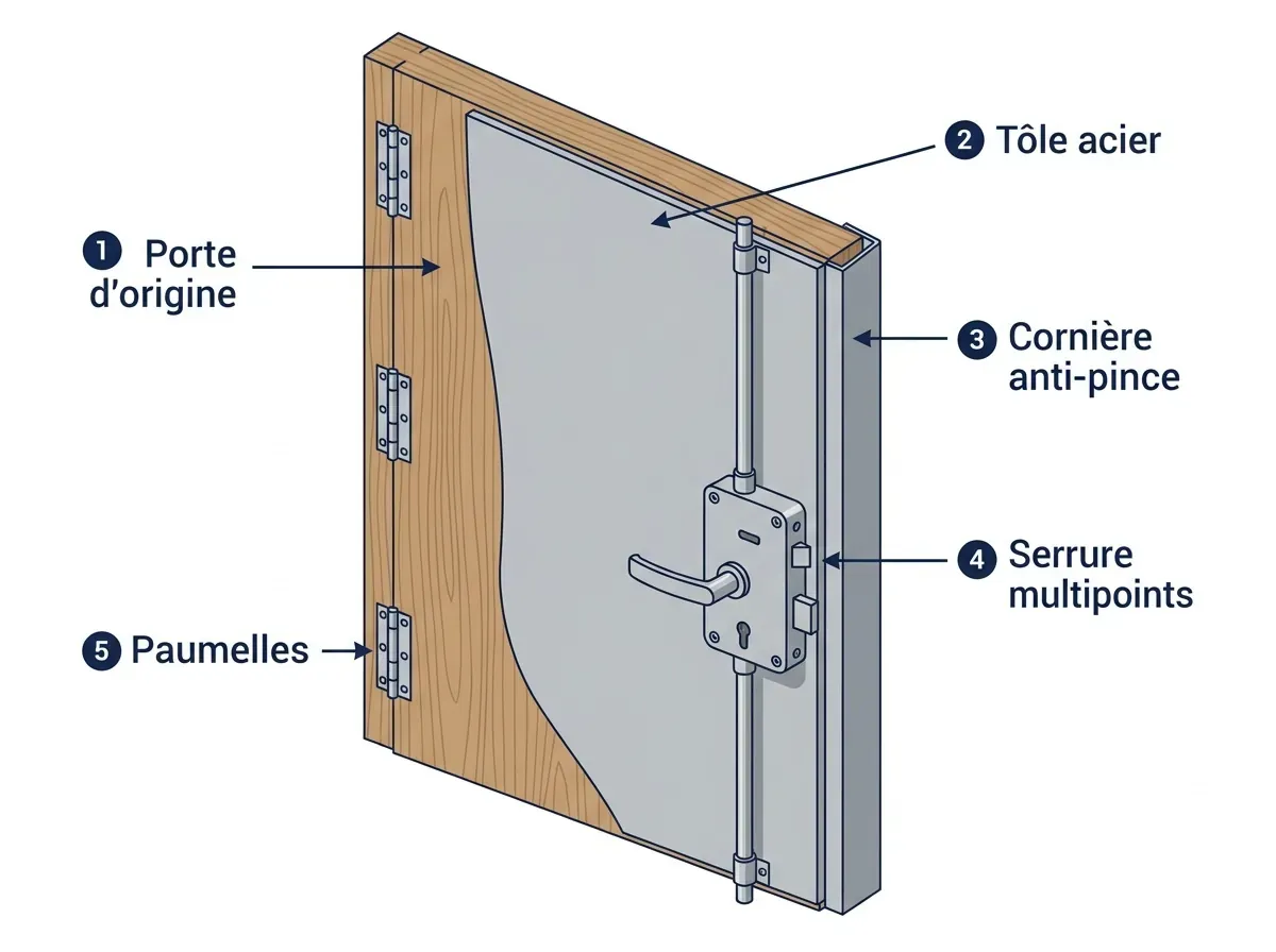 Schéma du blindage d'une porte ancienne : vantail, tôle acier, bâti, paumelles et gâches