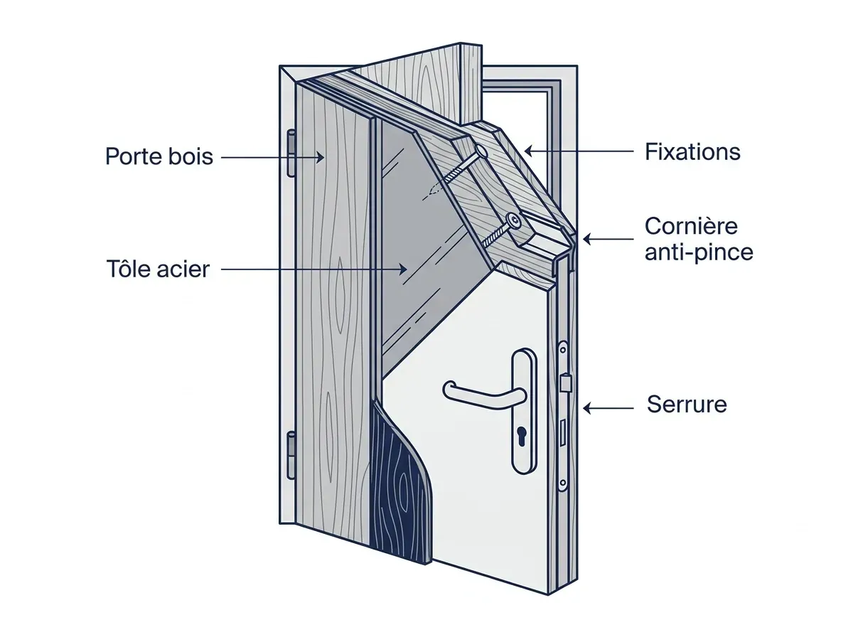 Schéma du renfort : tôle acier, vantail bois, fixations, paumelles, bâti et serrure