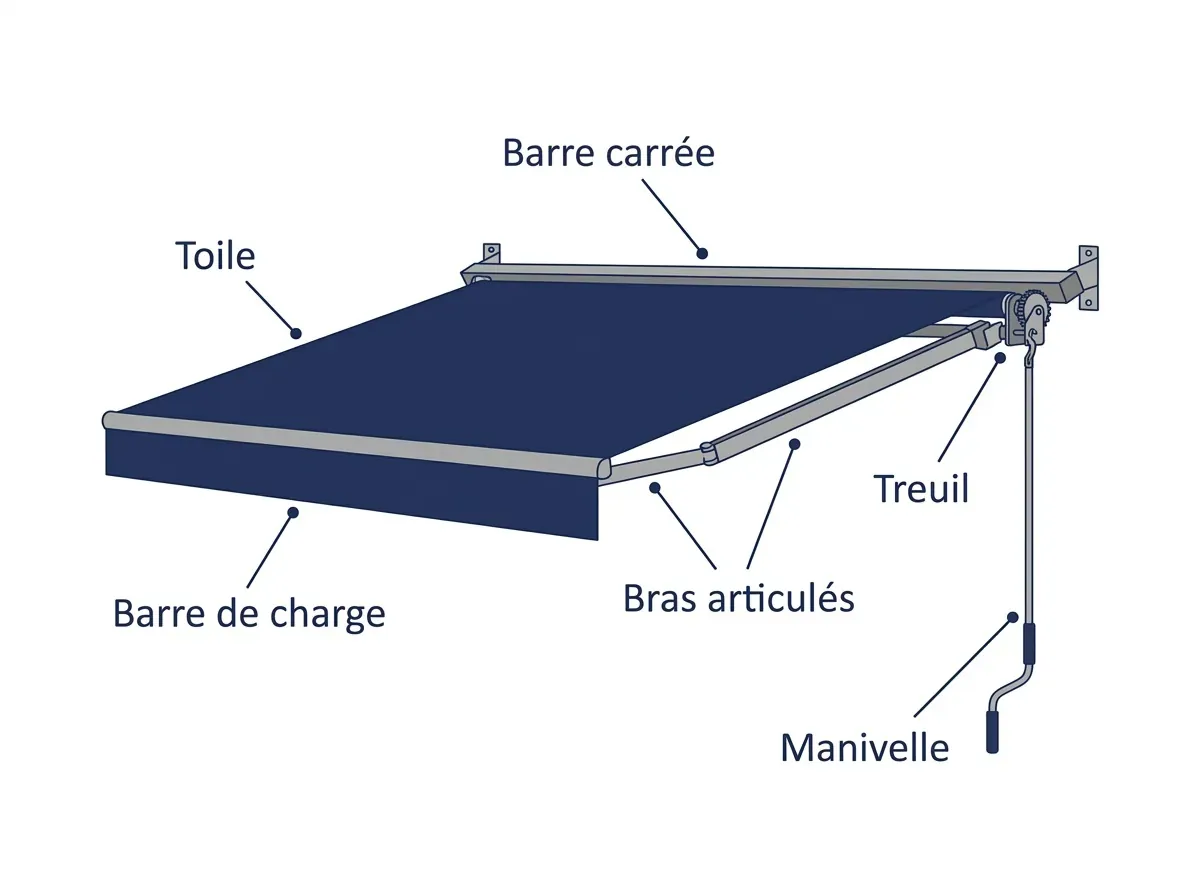 Schéma du store monobloc : barre porteuse, bras, tube d’enroulement, toile, treuil et manivelle
