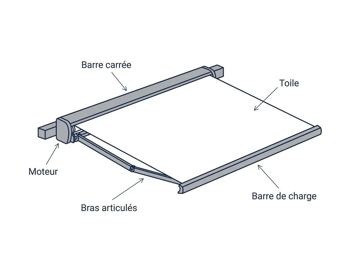 Schéma du store monobloc : barre porteuse, consoles, bras, tube, toile, moteur et barre de charge