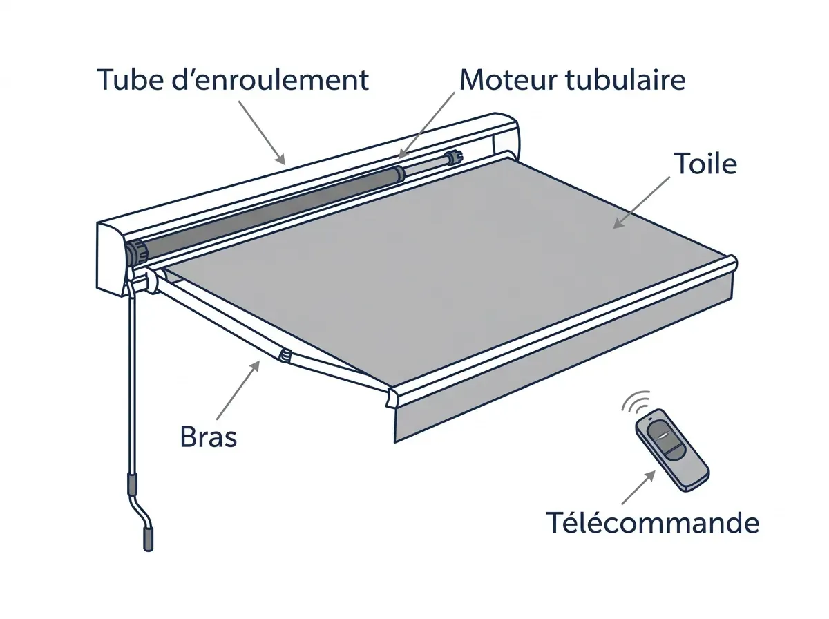 Schéma du store : moteur dans le tube, bras articulés, toile, câble et commande