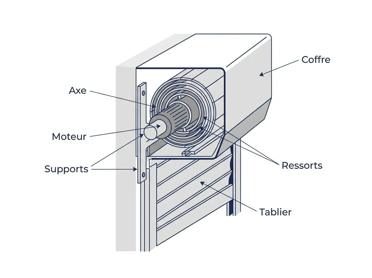 Schéma d’un axe motorisé : axe, moteur, supports, attaches, tablier et coulisses