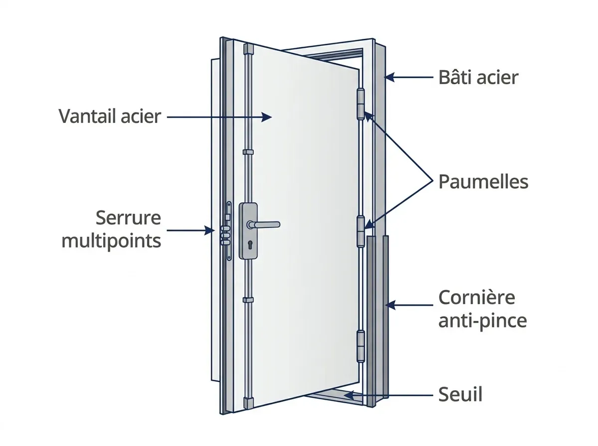 Schéma d’un bloc-porte : vantail acier, bâti anti-pince, paumelles et serrure multipoints