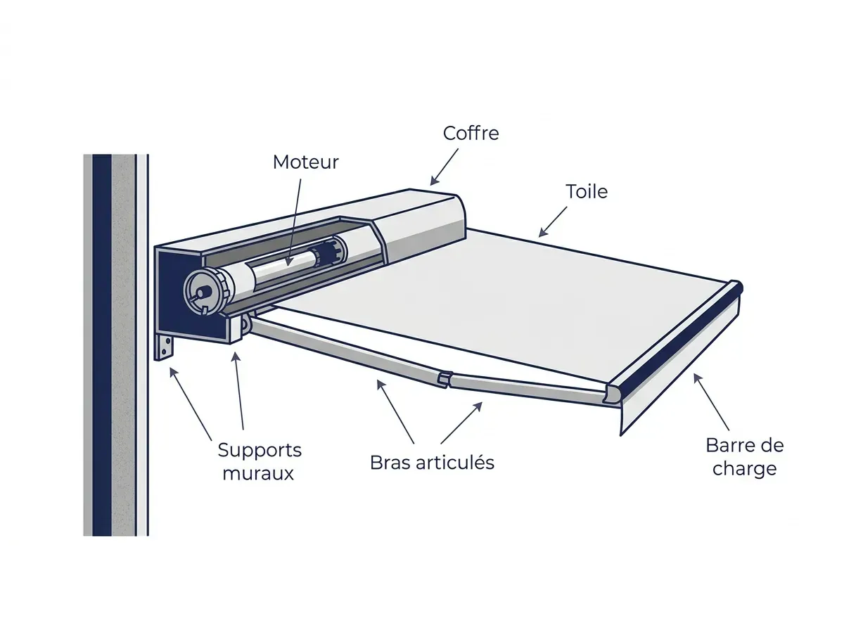 Schéma d’un store banne : supports, tube d’enroulement, toile, bras articulés et barre de charge