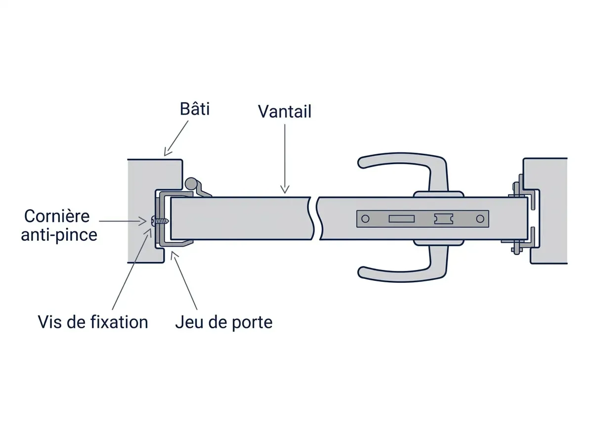 Schéma d’une cornière anti-pince avec vantail, bâti, recouvrement, jeu et fixations étiquetés