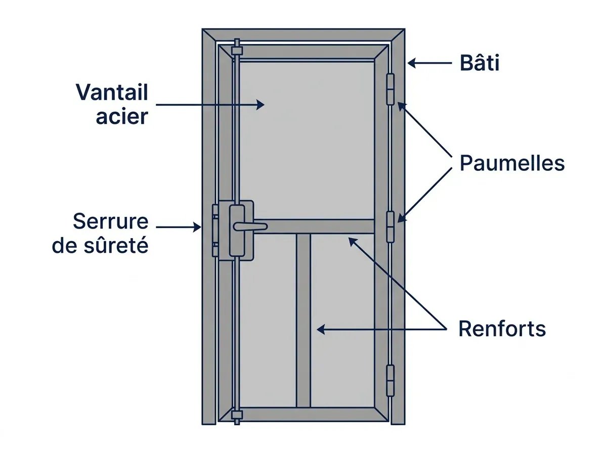 Schéma d’une porte de cave avec vantail, bâti, serrure, gâche, gonds et ancrages étiquetés