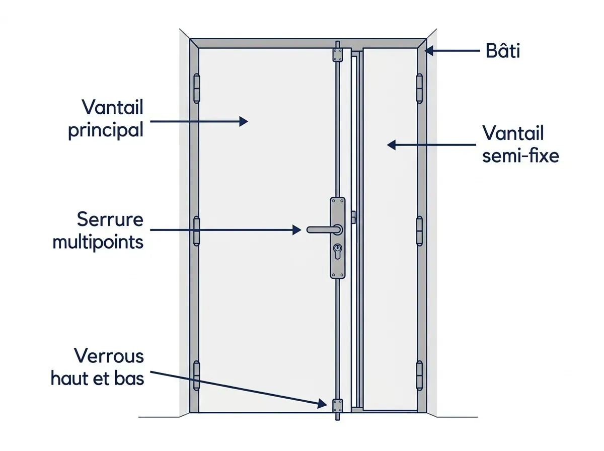 Schéma étiqueté : bâti, vantail de service, semi-fixe, paumelles, serrure, gâches et seuil