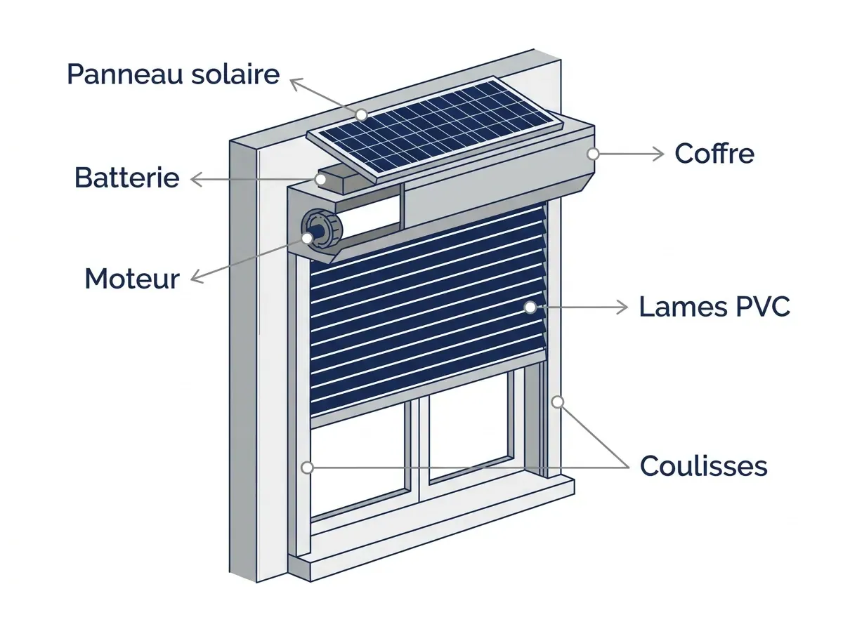 Schéma étiqueté : capteur solaire, batterie, moteur, axe, coffre, tablier PVC et coulisses