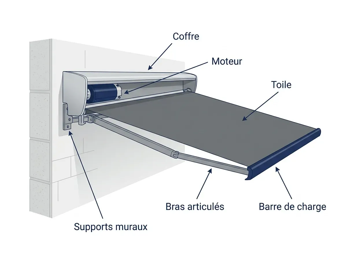 Schéma étiqueté du coffre, de la toile, des bras articulés, du moteur et des fixations du store