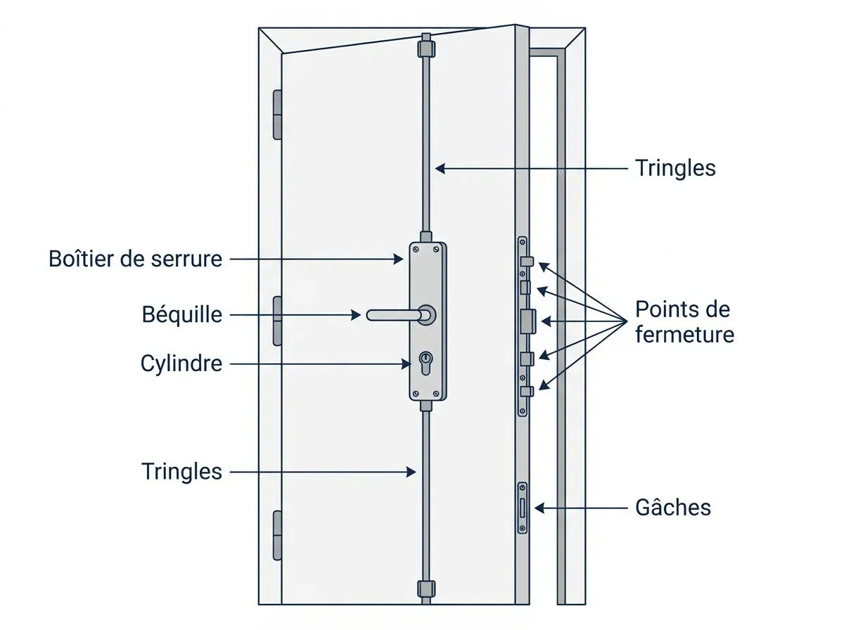 Schéma étiqueté d’une serrure 5 points : coffre, cylindre, pênes, tringles et gâches