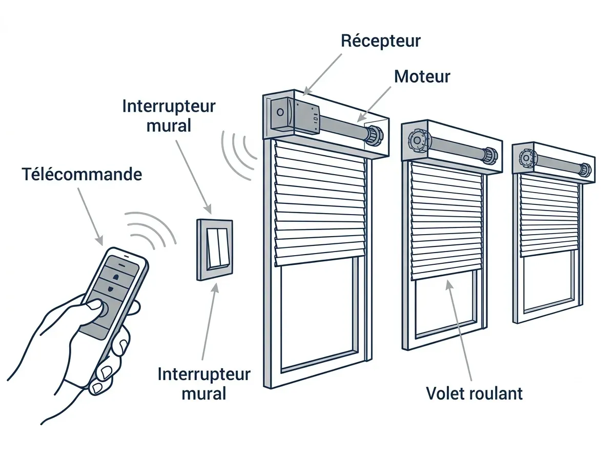 Schéma étiqueté : télécommande, liaison radio, récepteur et moteur du volet roulant