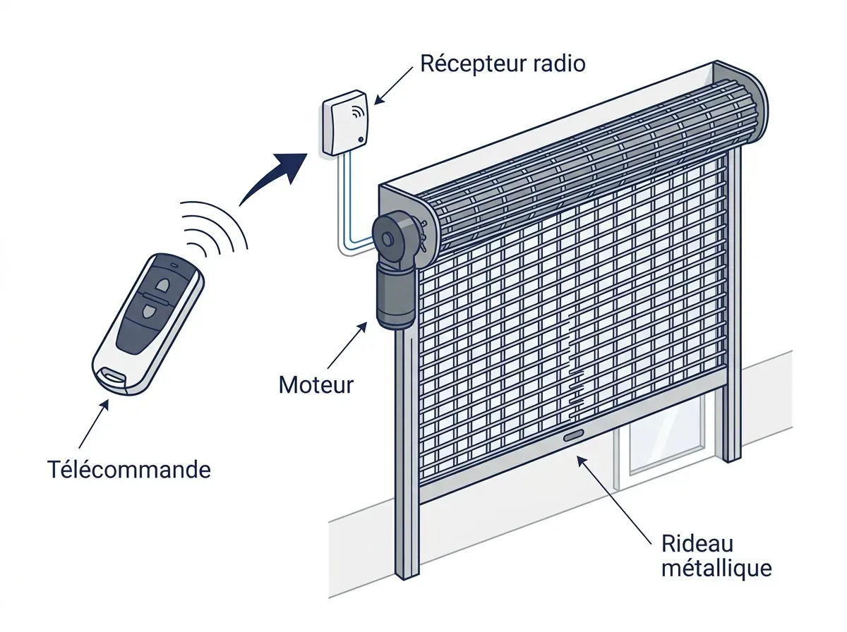 Schéma étiqueté : télécommande, récepteur radio, commande moteur et rideau métallique