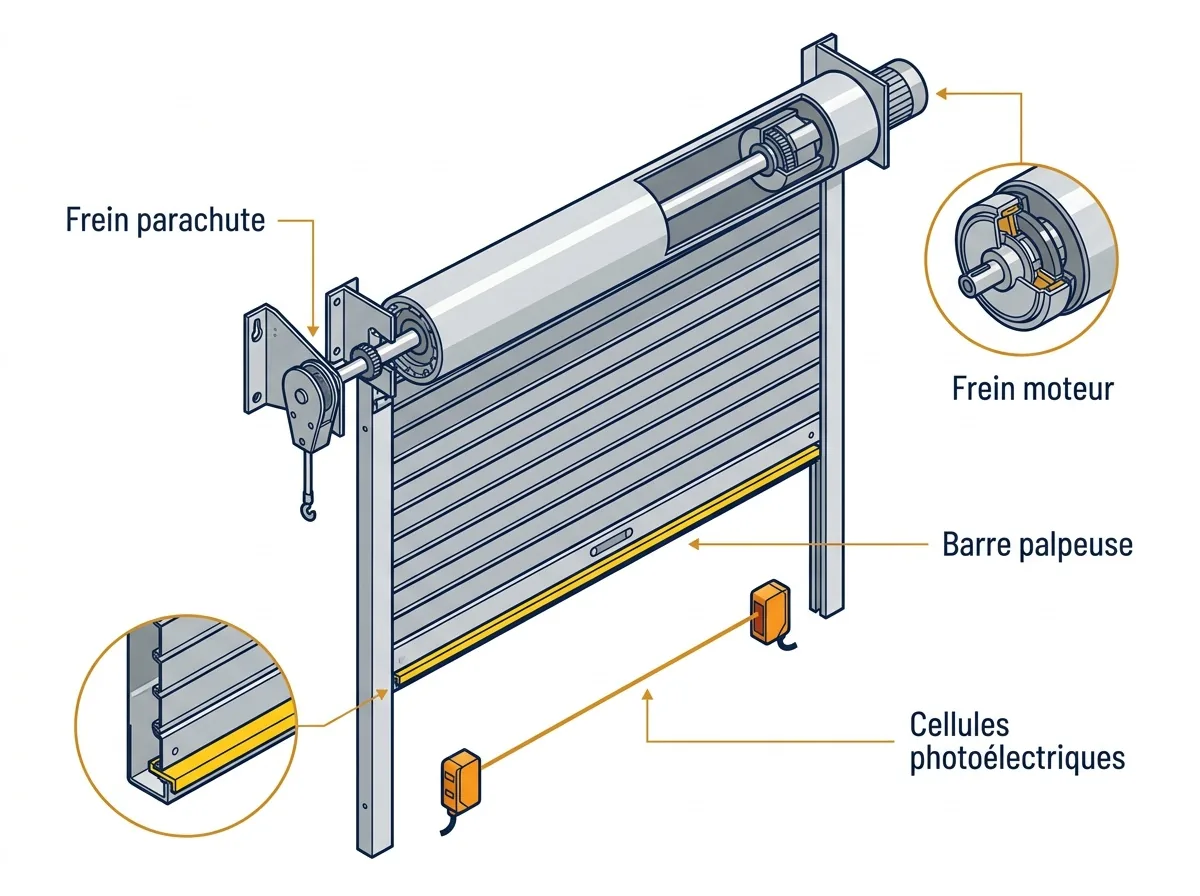 Sécurités d’une motorisation de rideau métallique : frein moteur, parachute et détection d’obstacle.