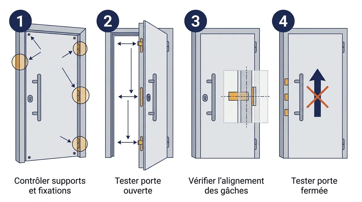 Serrure 3, 5 ou 7 points : étapes de contrôle des fixations, de l’alignement et du verrouillage.